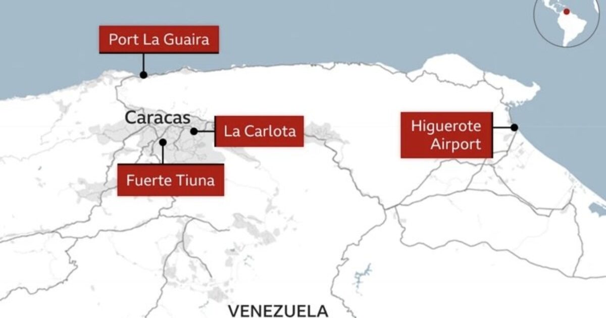 Map of Venezuela highlighting key locations including Caracas, Port La Guaira, La Carlota, Fuerte Tiuna, and Higuerote Airport for geographical reference.
