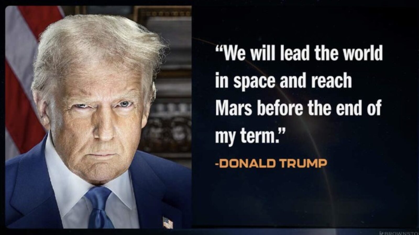 Donald Trump speaks about leading space exploration and reaching Mars during his term, with a serious expression and American flags in the background.