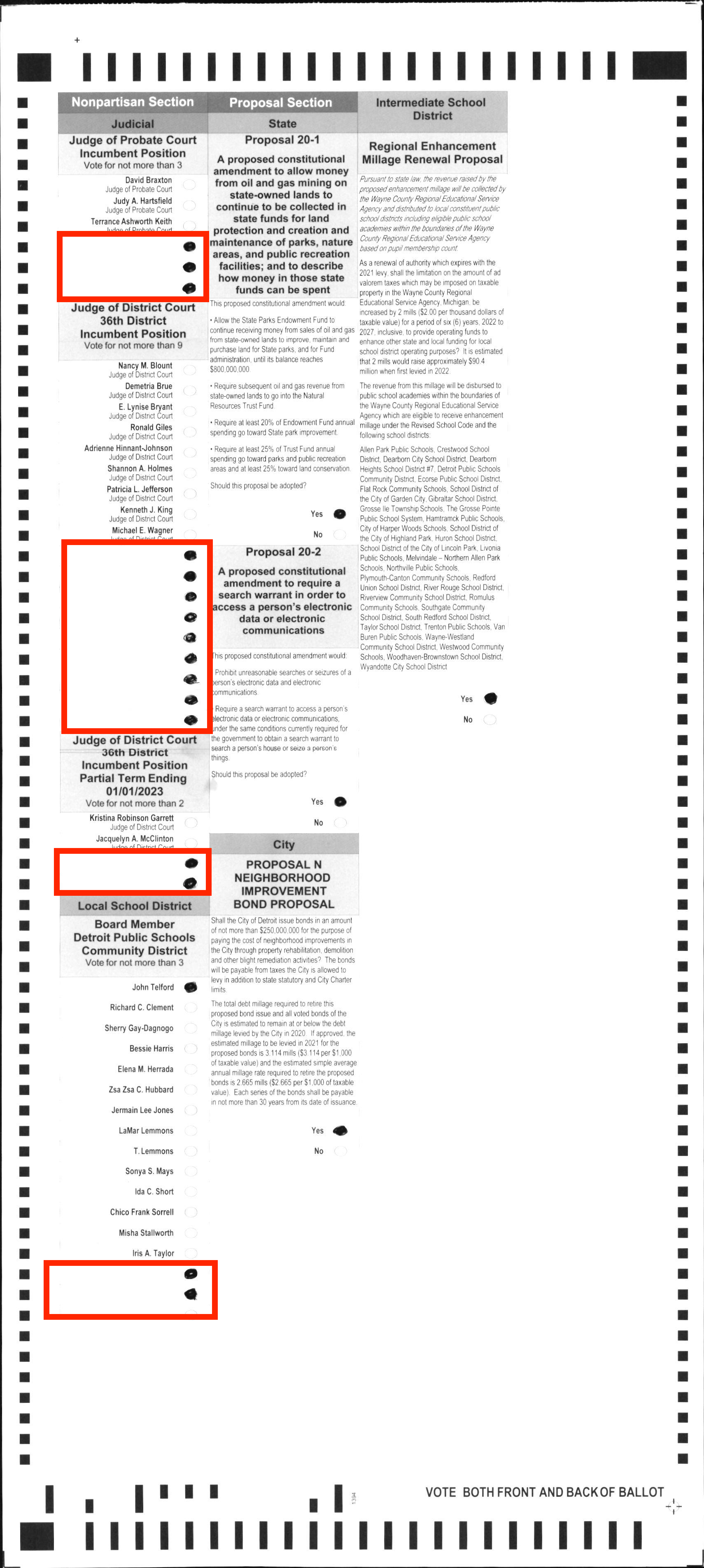 Sample ballot showing various judicial and proposal sections, including candidates for Judge of District Court and local school district bond proposals.
