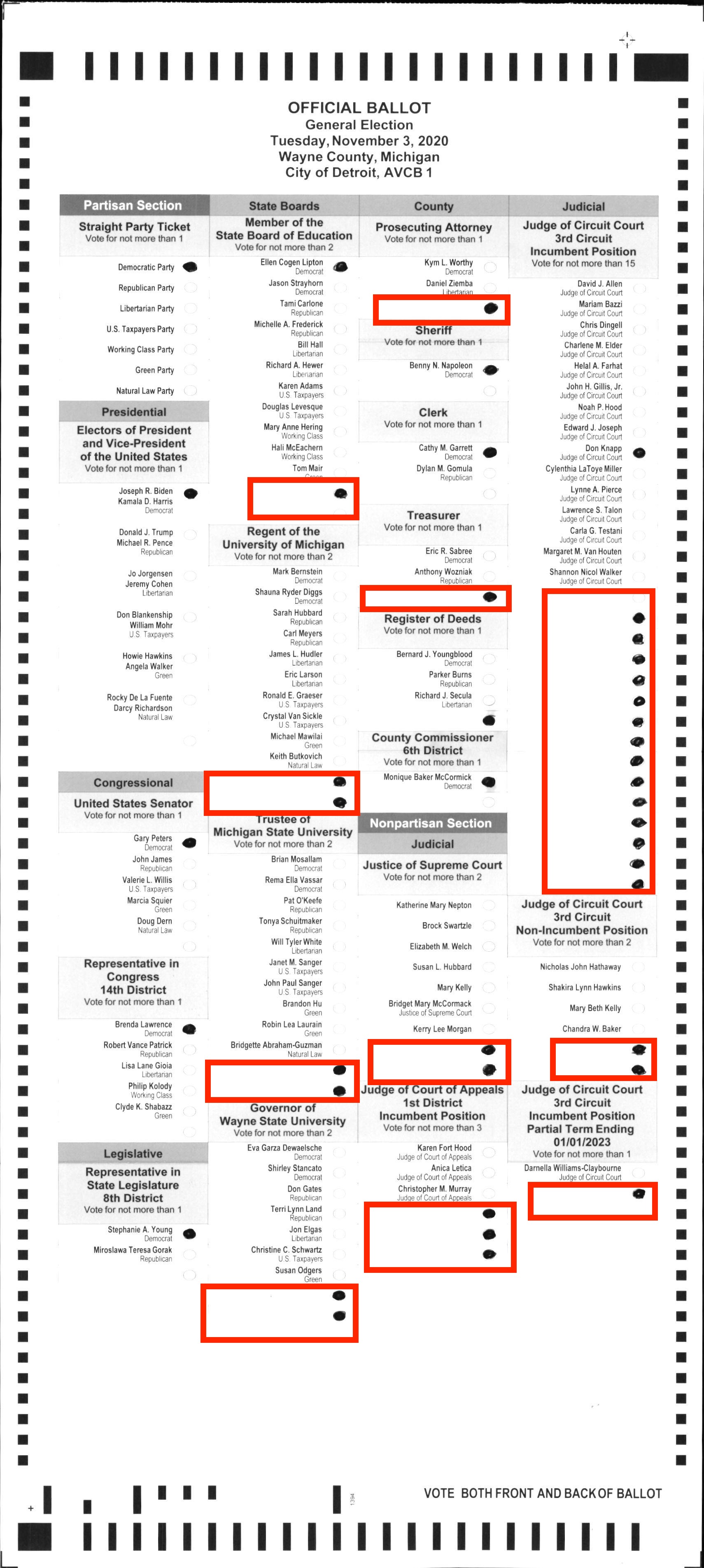 Official ballot for the November 3, 2020 general election in Wayne County, Michigan, featuring candidate sections for various local, state, and federal offices.