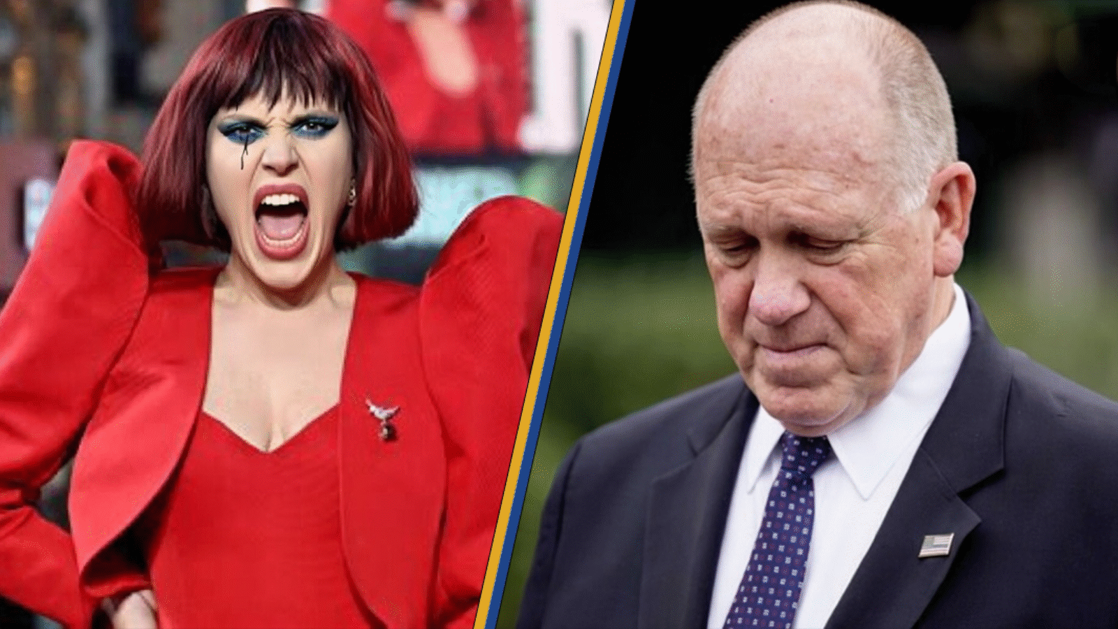 A split image featuring a dramatic performer in a red outfit on one side and a somber man in a suit on the other, capturing contrasting emotions.