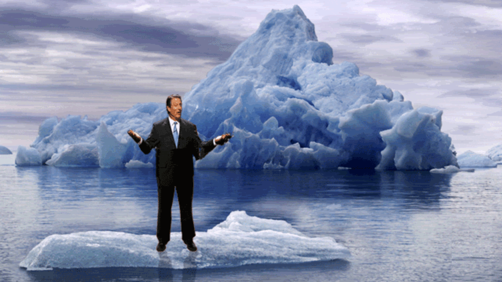 Businessman standing on an iceberg in a reflective ocean under a cloudy sky, symbolizing climate change and environmental concerns.