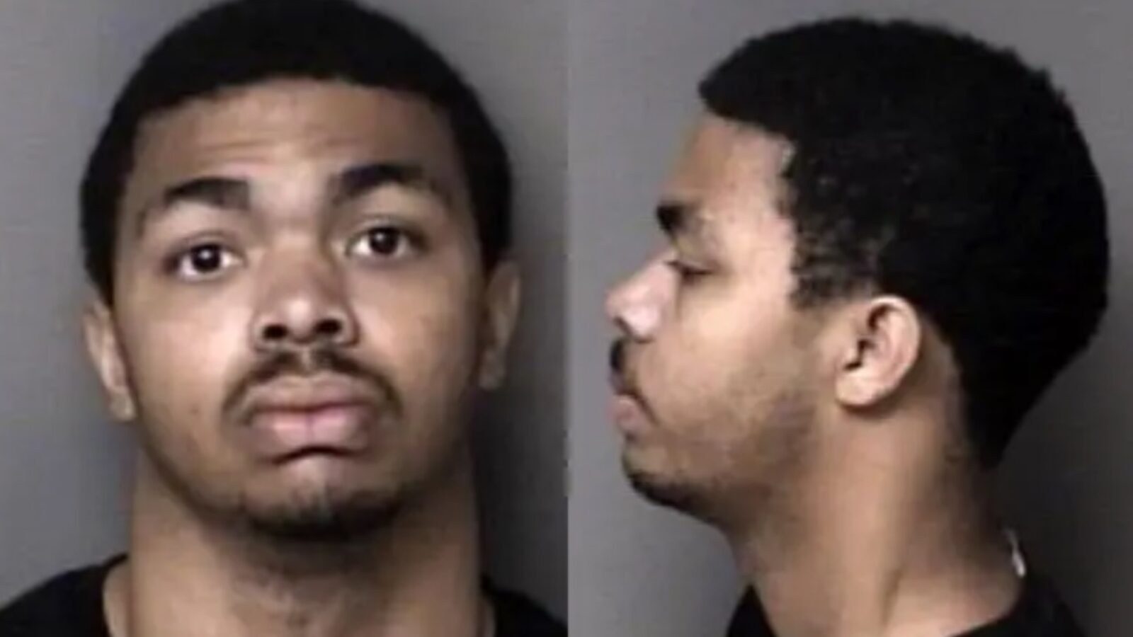 Mugshot of a young man showing front and side profiles against a neutral background, highlighting facial features and hairstyle.