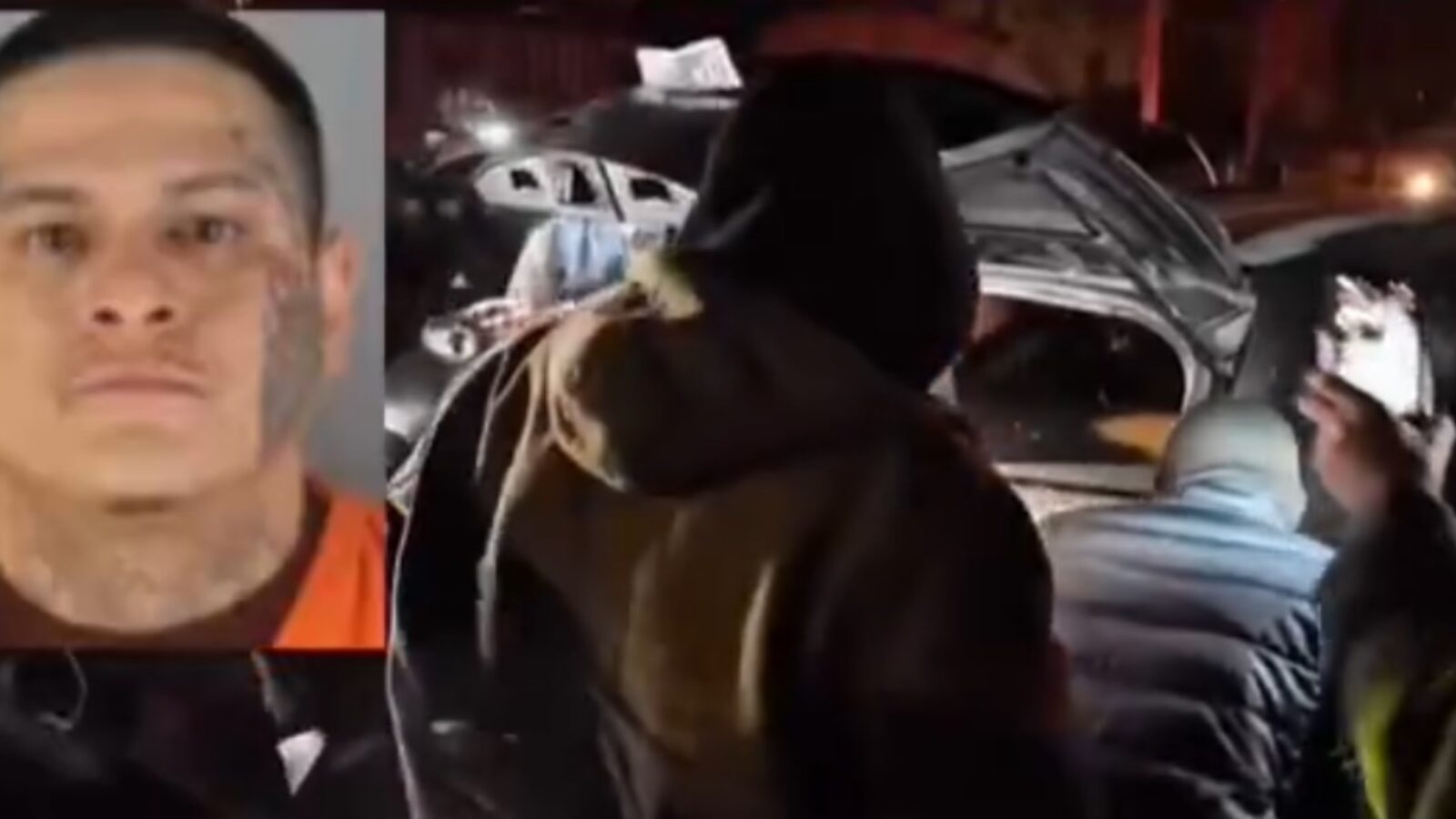 Scene depicting a police investigation with several individuals gathered around a vehicle at night, highlighting an ongoing law enforcement operation.