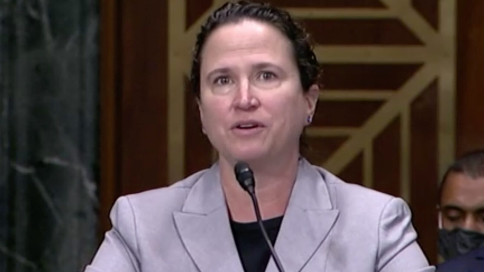 Woman in a gray blazer speaking at a Senate hearing, addressing key issues with a microphone in front of her and an attentive audience behind.