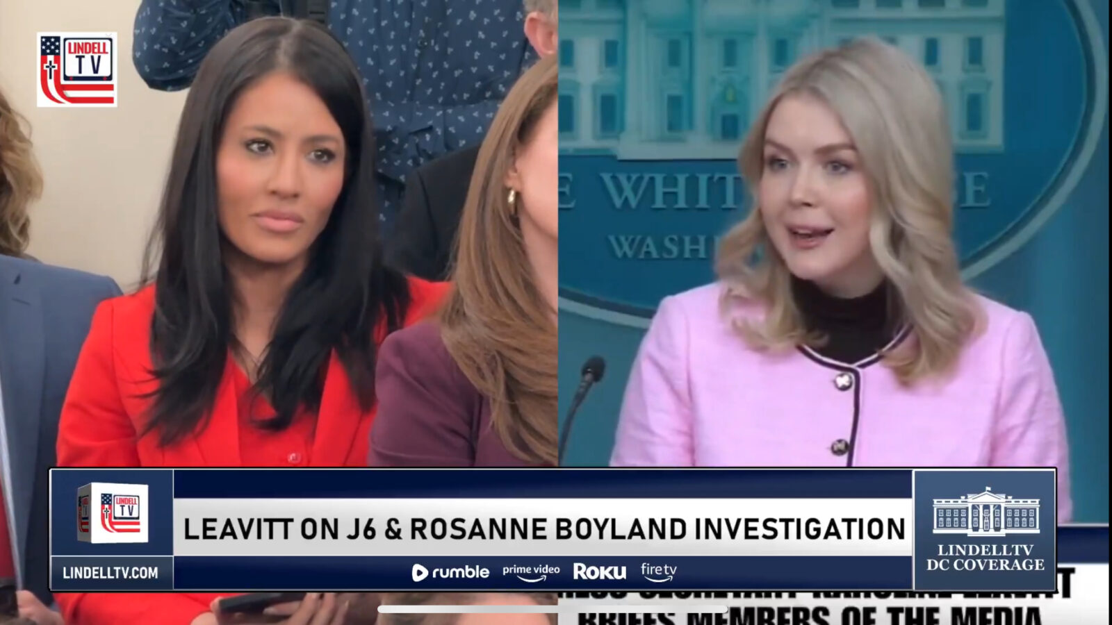 Press briefing image featuring a female spokesperson addressing the media, with a focus on the investigation of January 6 and Rosanne Boyland.