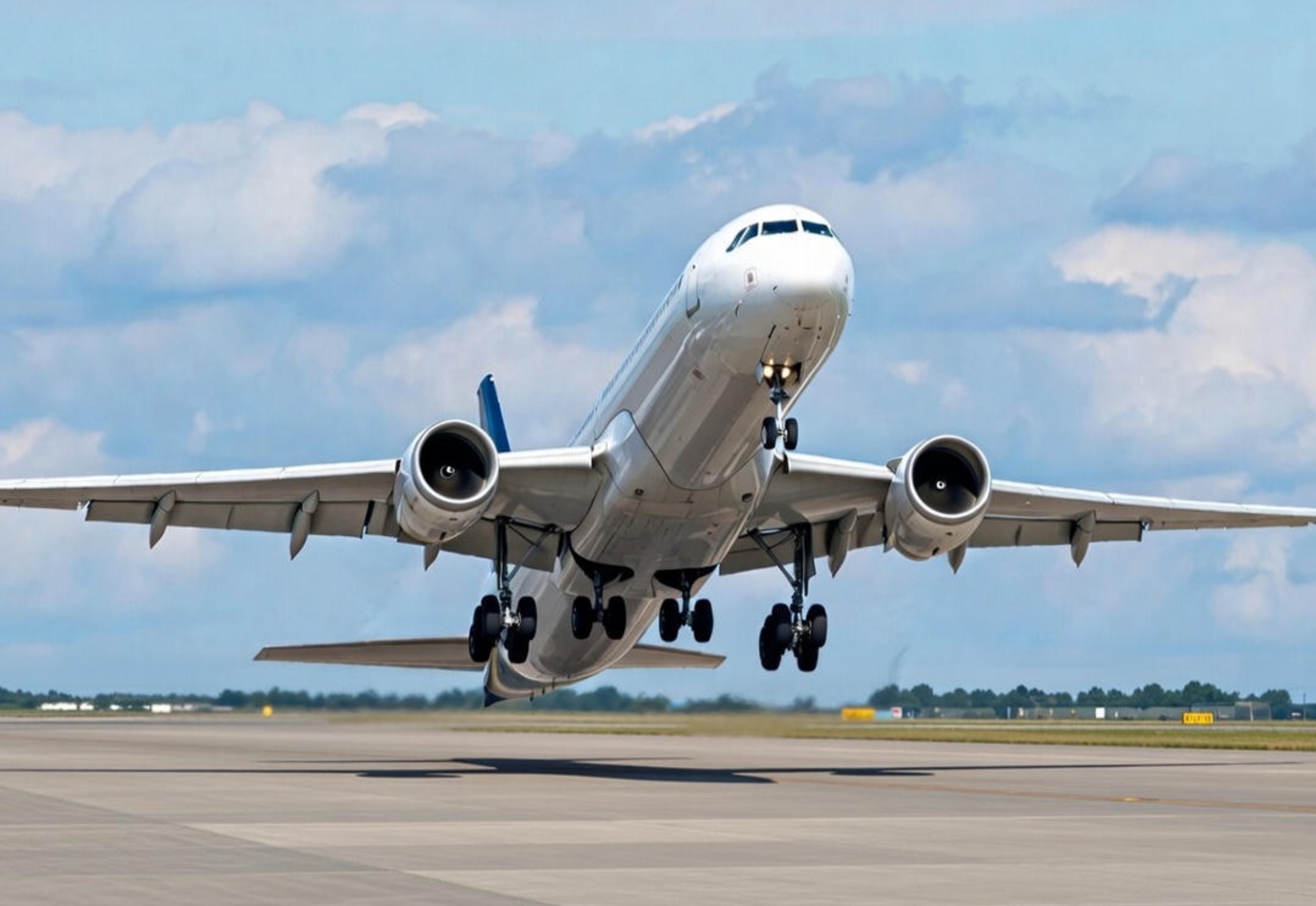 Commercial airplane taking off against a blue sky with clouds, showcasing powerful engines and landing gear in action.