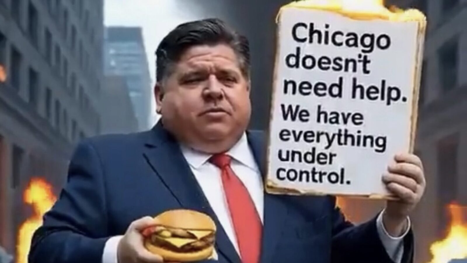 Man holding a burger and a sign in a chaotic urban setting, stating Chicago doesn't need help, symbolizing political statements amid crisis.