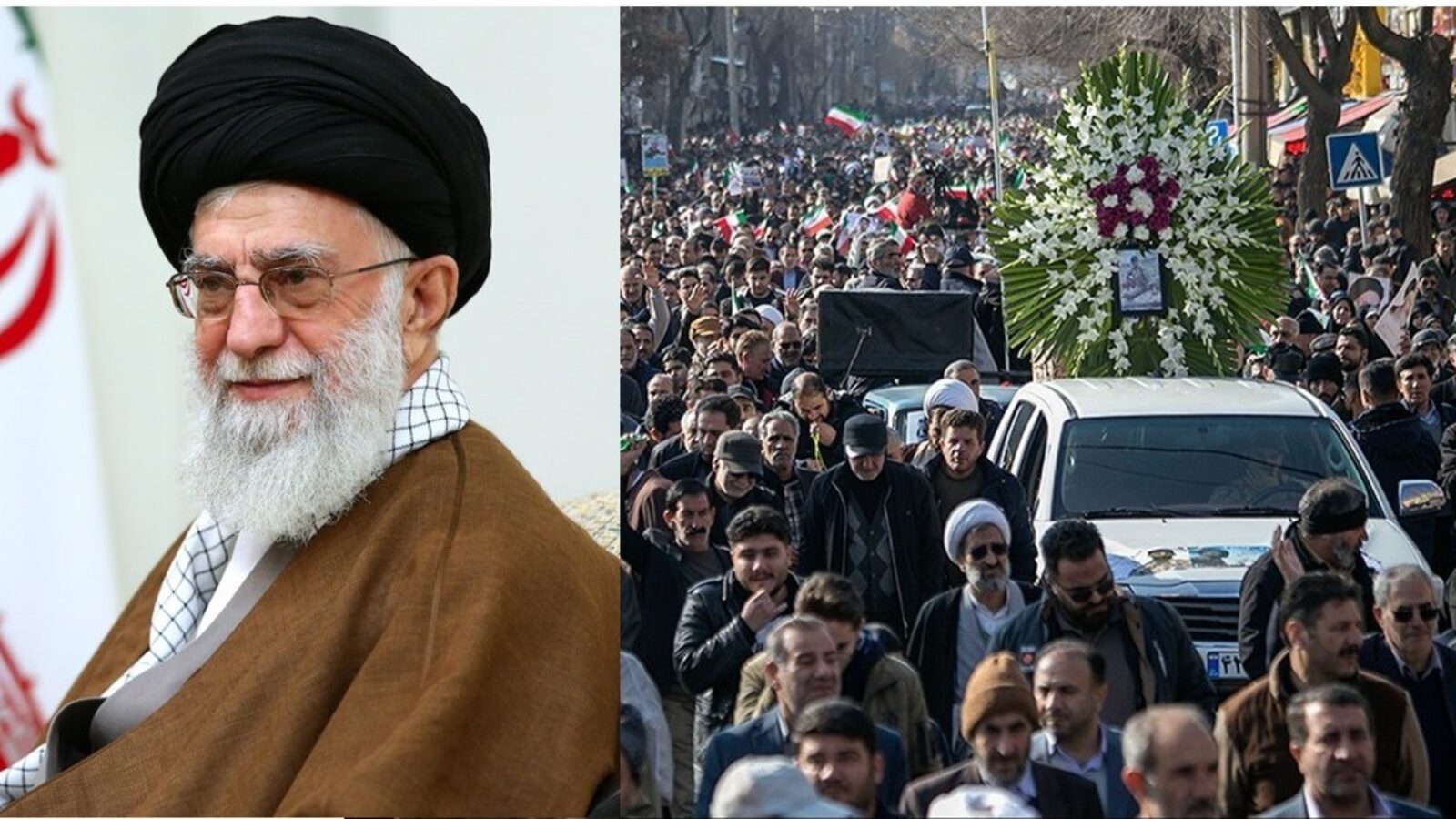 Image depicting a religious leader smiling alongside a large crowd in a procession, highlighting a significant event in Iran with floral tributes and national flags.