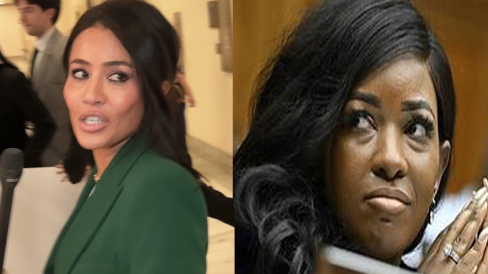 Two women in a split image, one speaking in a green blazer and the other appearing contemplative during a formal setting, highlighting diverse expressions in public discourse.