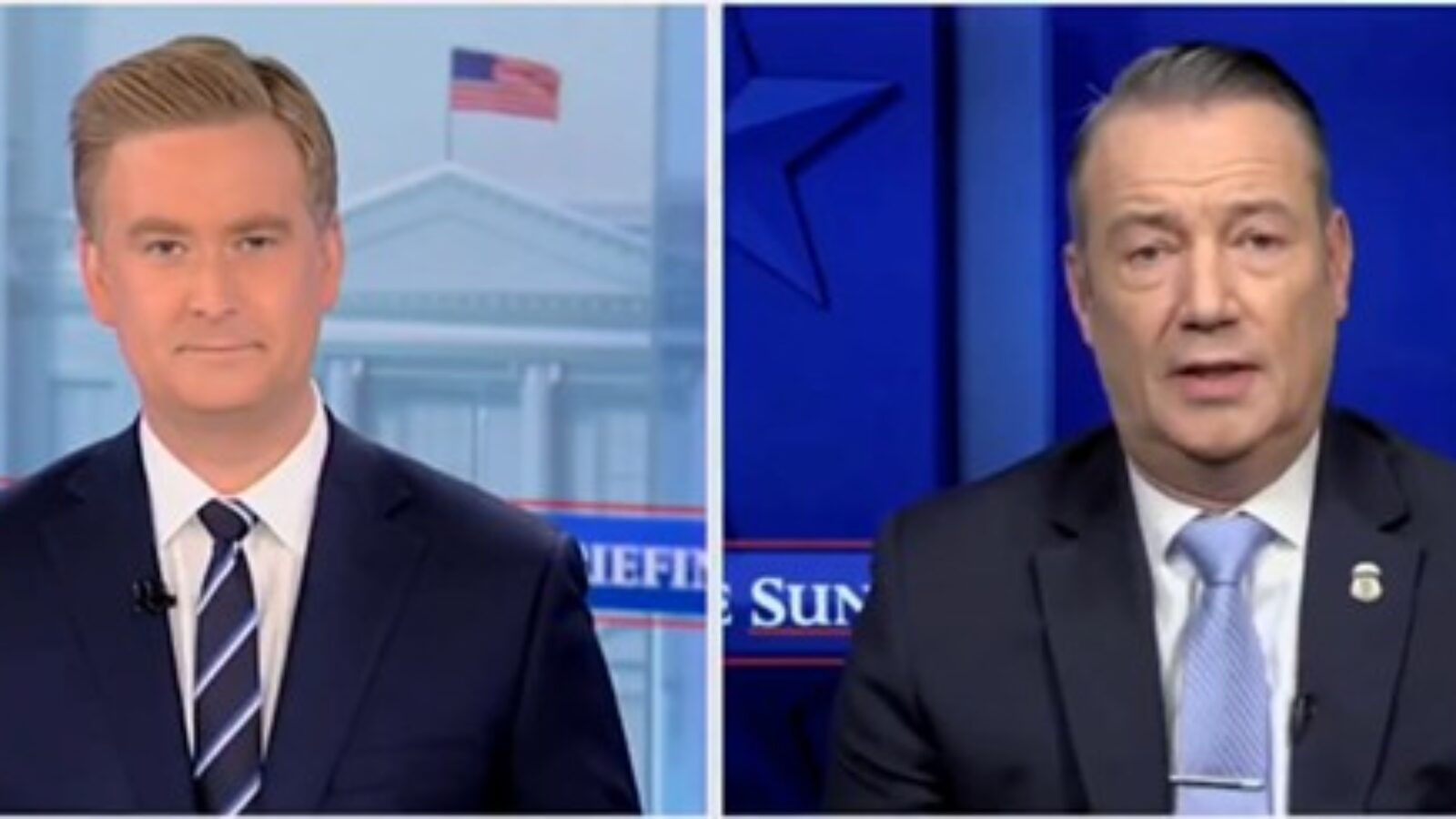 News anchors discussing current events, with a backdrop featuring the White House and a blue studio setting.