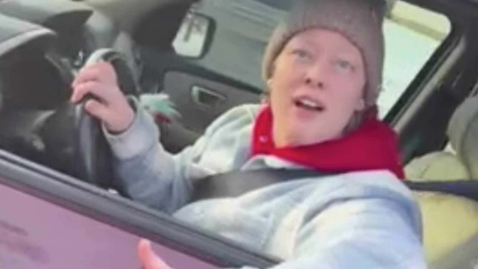 Person in a vehicle wearing a beanie and gray jacket, engaged in conversation while driving, with a visible steering wheel and outdoor background.