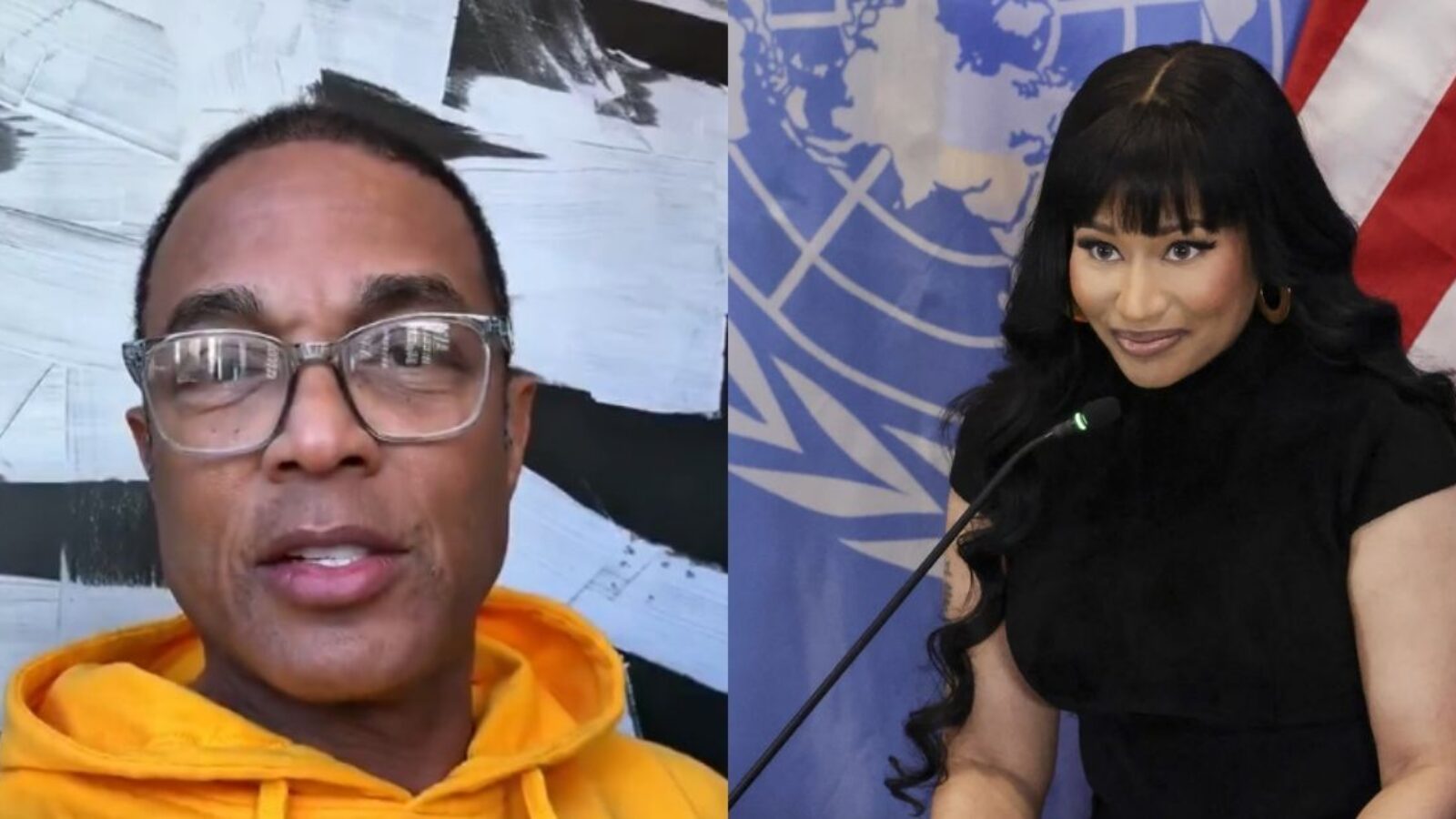 Image features a split screen of a man in a yellow hoodie with glasses and a woman in a black outfit speaking at a podium with the United Nations backdrop.