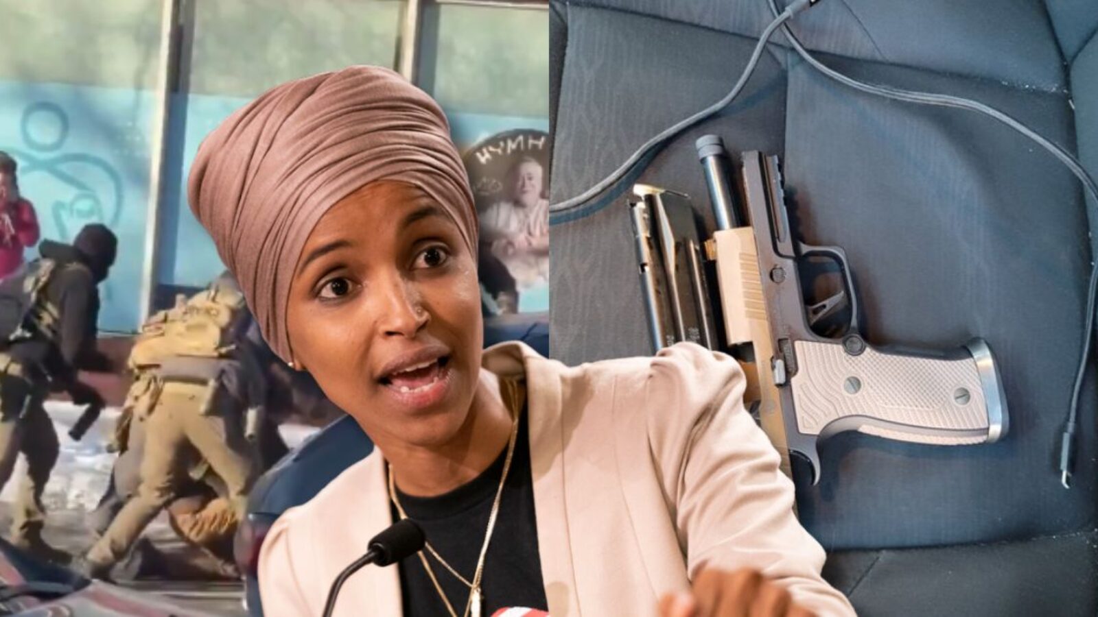 Image showing a political figure speaking passionately while a scene of law enforcement activity occurs in the background, alongside a close-up of a handgun on a car seat.