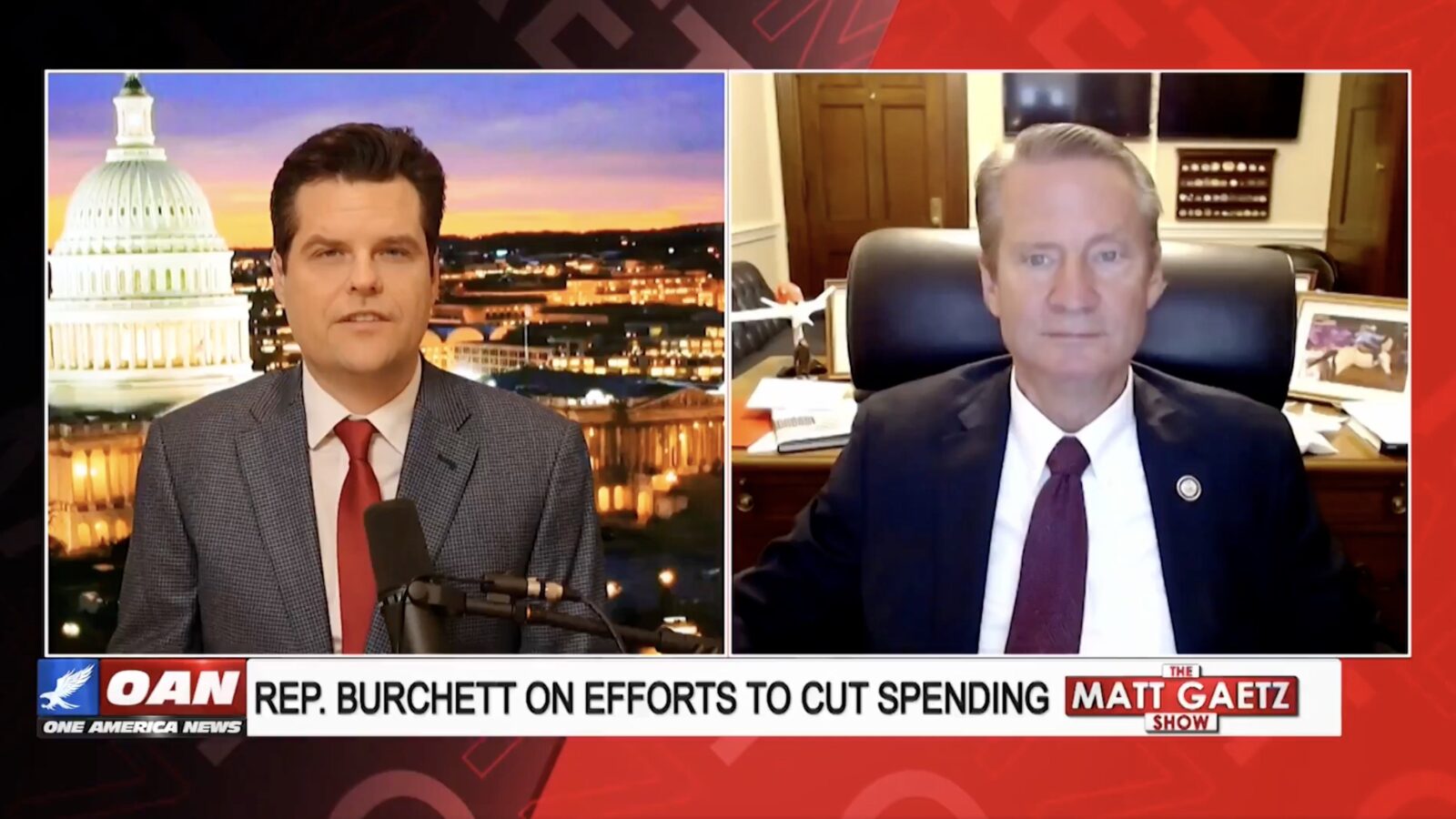 Rep. Burchett discusses budget cuts with host Matt Gaetz on a news show, featuring the U.S. Capitol in the background during sunset.