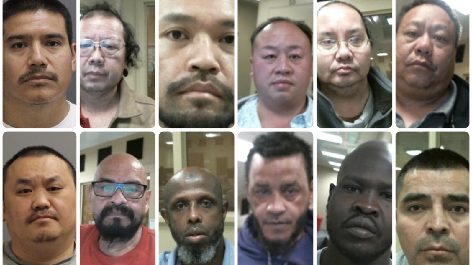 Mugshots of twelve individuals from a police database, showcasing diverse backgrounds and expressions in a grid format.