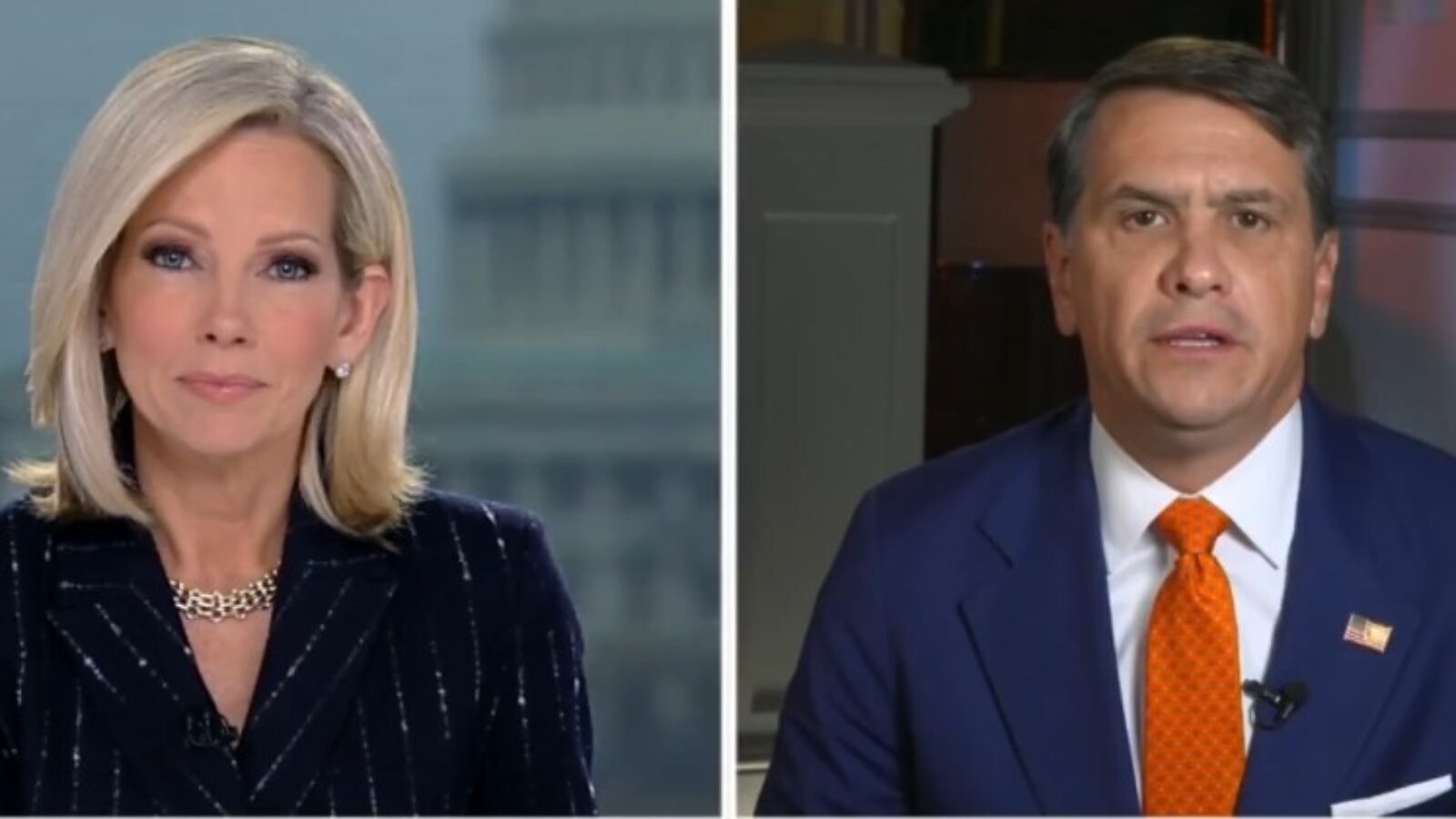 News anchors discussing current events, with a backdrop of the Capitol building, highlighting political dialogue and analysis.