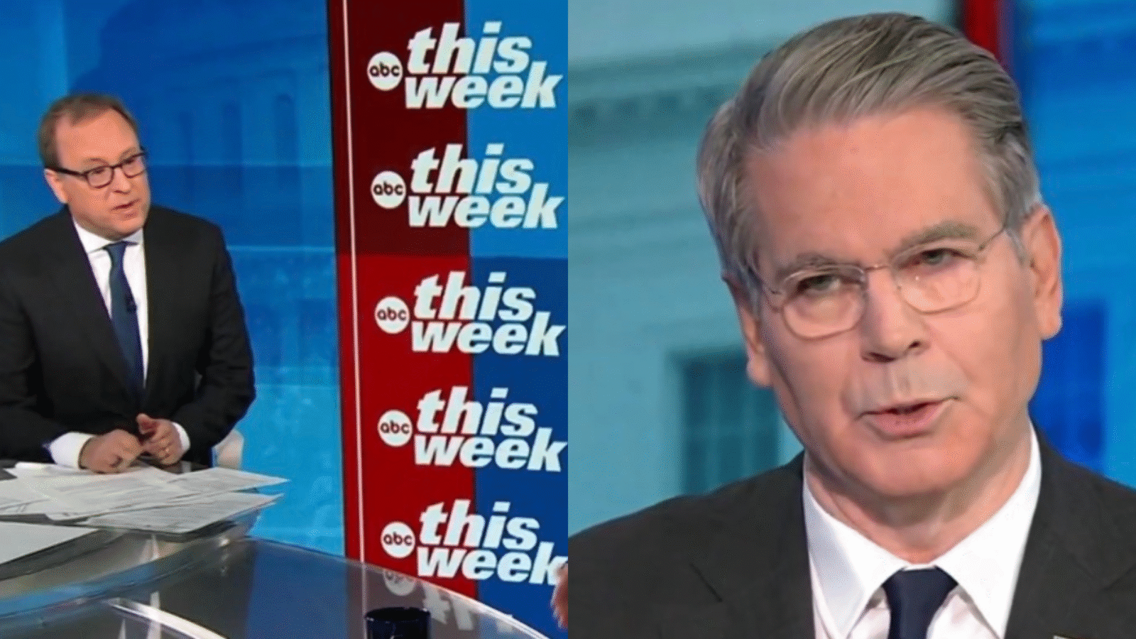 Two male news anchors discussing current events on the ABC program This Week, with a backdrop displaying the show's logo.