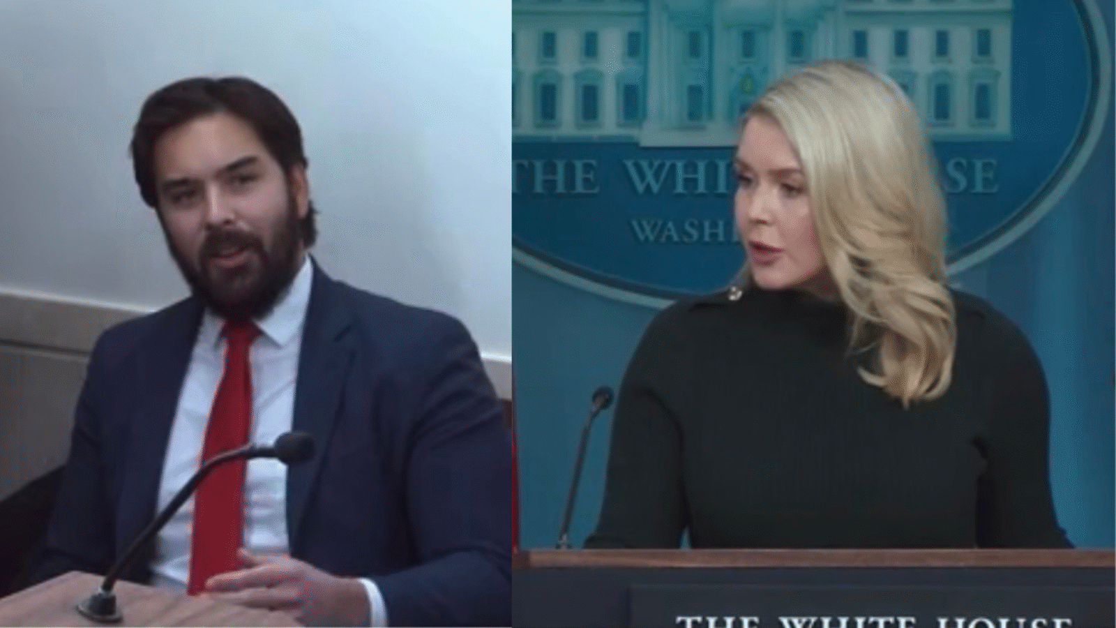 Image shows a man speaking at a podium on the left and a woman addressing the press at the White House on the right during a news briefing.