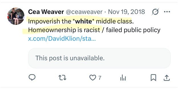 Tweet discussing the implications of homeownership on the white middle class, highlighting issues of racism and public policy failures.
