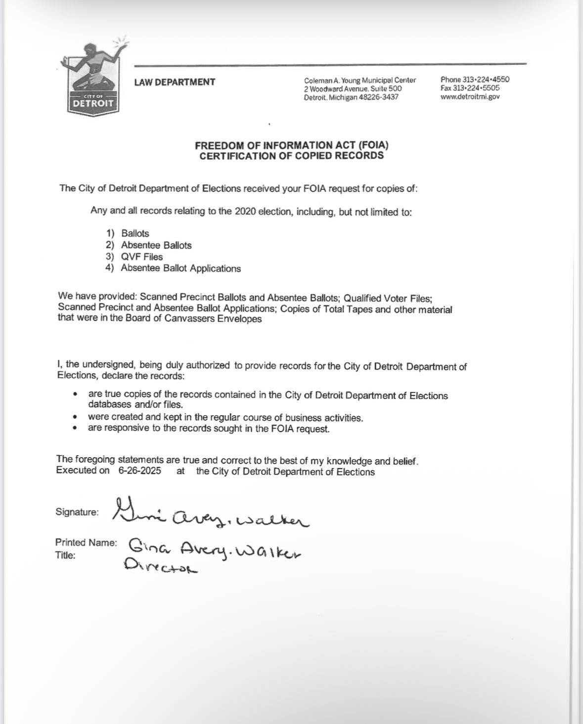 FOIA certification document from the City of Detroit Department of Elections detailing records related to the 2020 election, including ballots and absentee ballot applications.