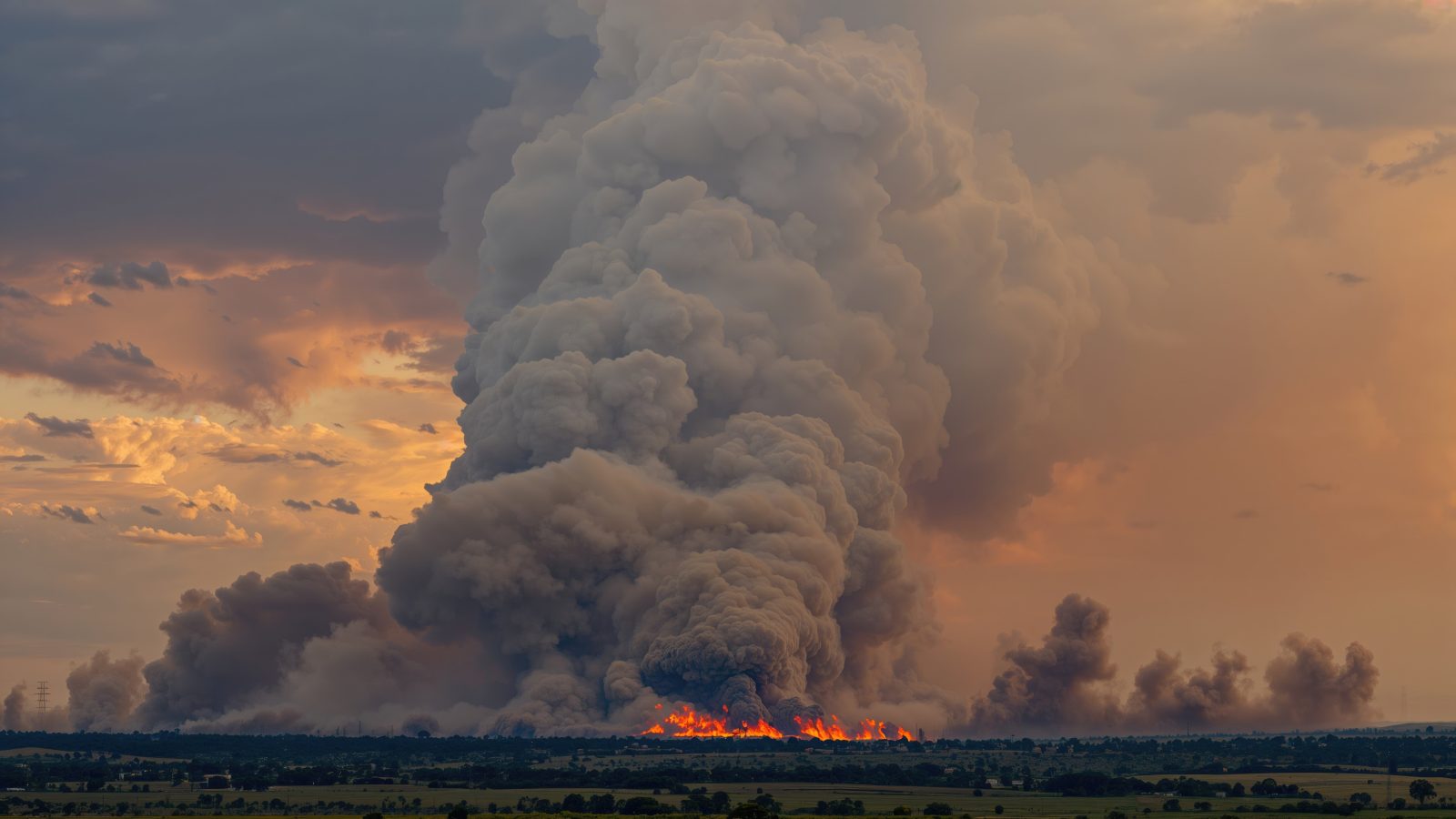 Massive smoke plume rises from a wildfire at sunset, illuminating the sky with shades of orange and gray.