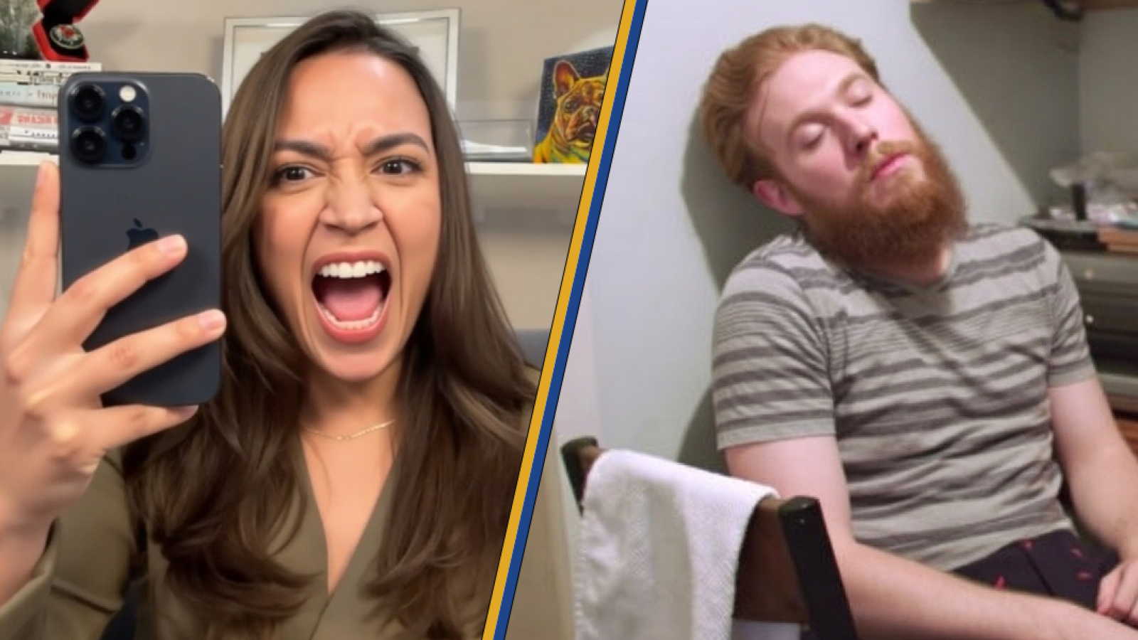 A woman passionately taking a selfie while yelling, contrasted with a man sitting and appearing tired or disinterested, capturing a humorous juxtaposition of emotions.