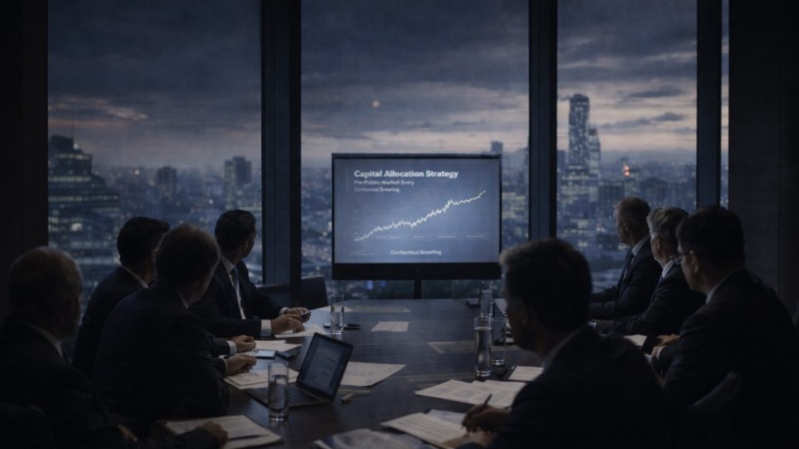 Business professionals in a conference room reviewing a capital allocation strategy presentation with a city skyline in the background.