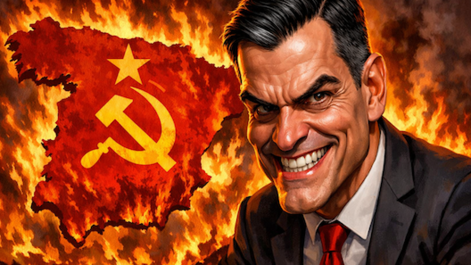 A man in a suit smiles menacingly in front of a fiery backdrop featuring a map of Spain and the Soviet Union's hammer and sickle symbol.