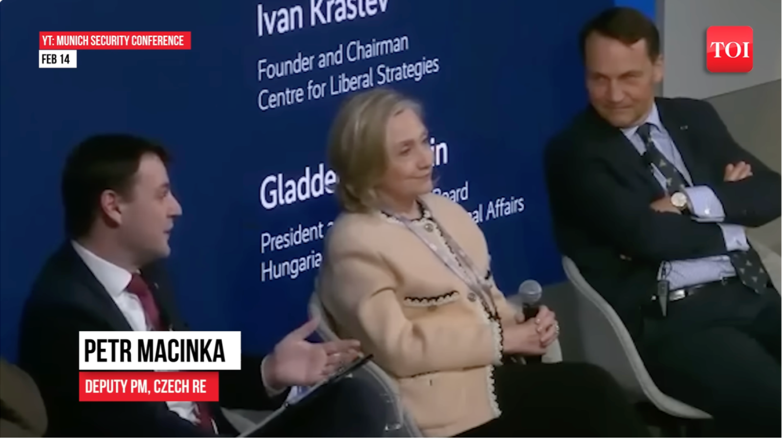 Panel discussion at the Munich Security Conference featuring Petr Macinka, Deputy PM of Czech Republic, alongside other prominent figures in international relations.