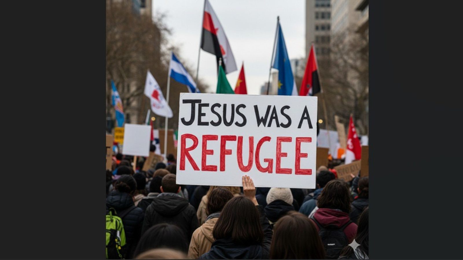 Protesters hold a sign reading Jesus was a refugee, highlighting social justice issues and advocating for refugee rights during a demonstration with various flags in the background.