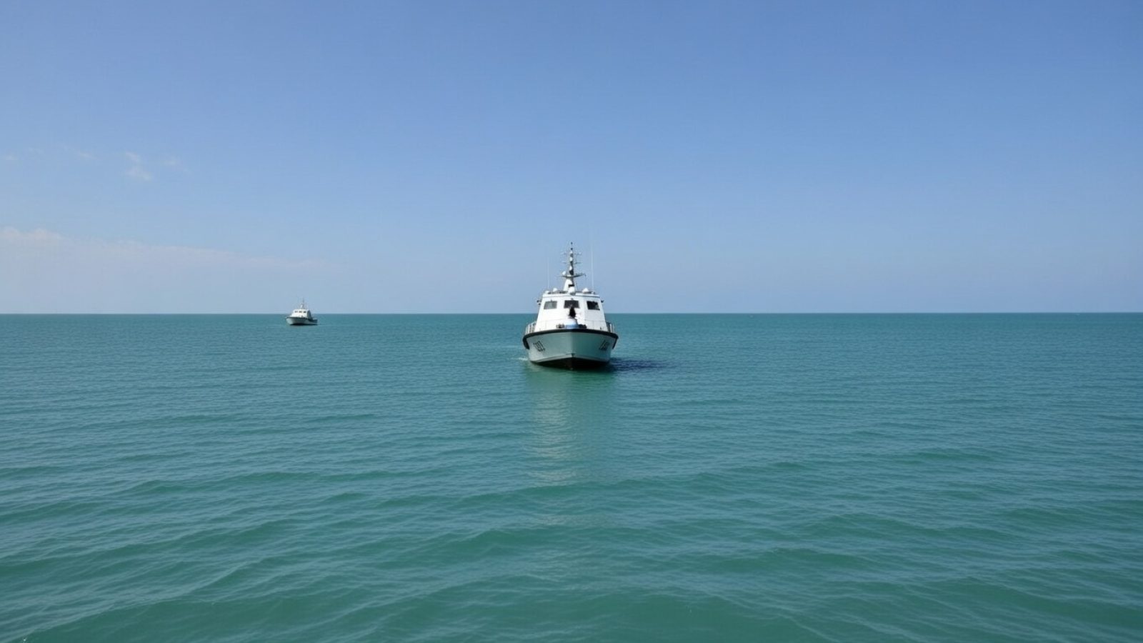 A sleek boat navigates calm turquoise waters under a clear blue sky, showcasing a serene maritime scene.