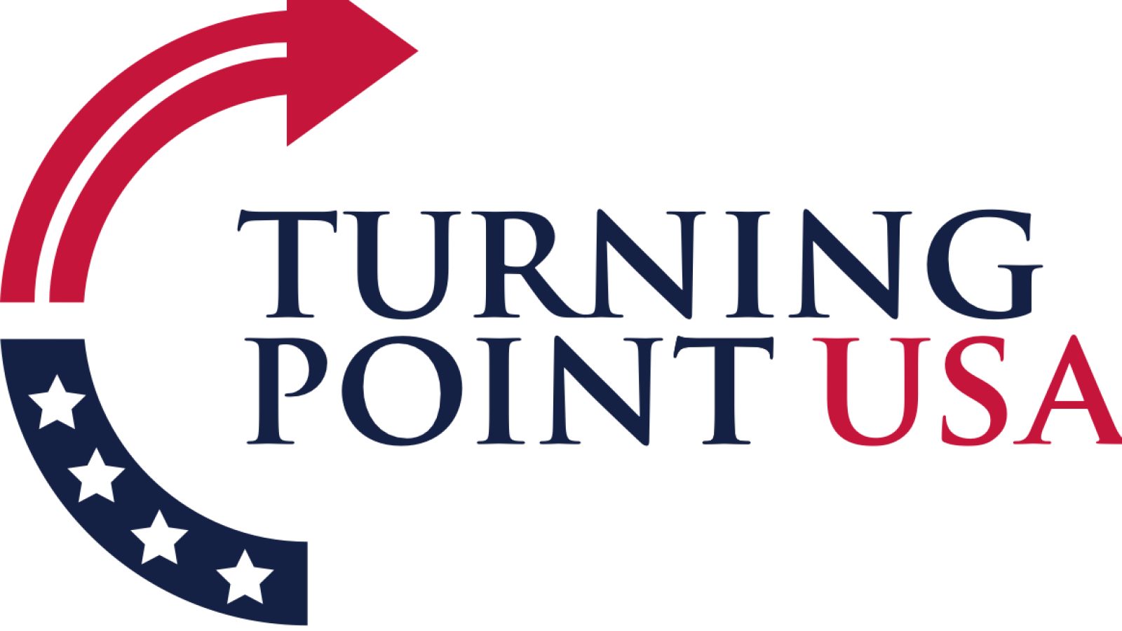 Logo of Turning Point USA featuring a red arrow and blue stars, representing conservative values and youth advocacy in America.