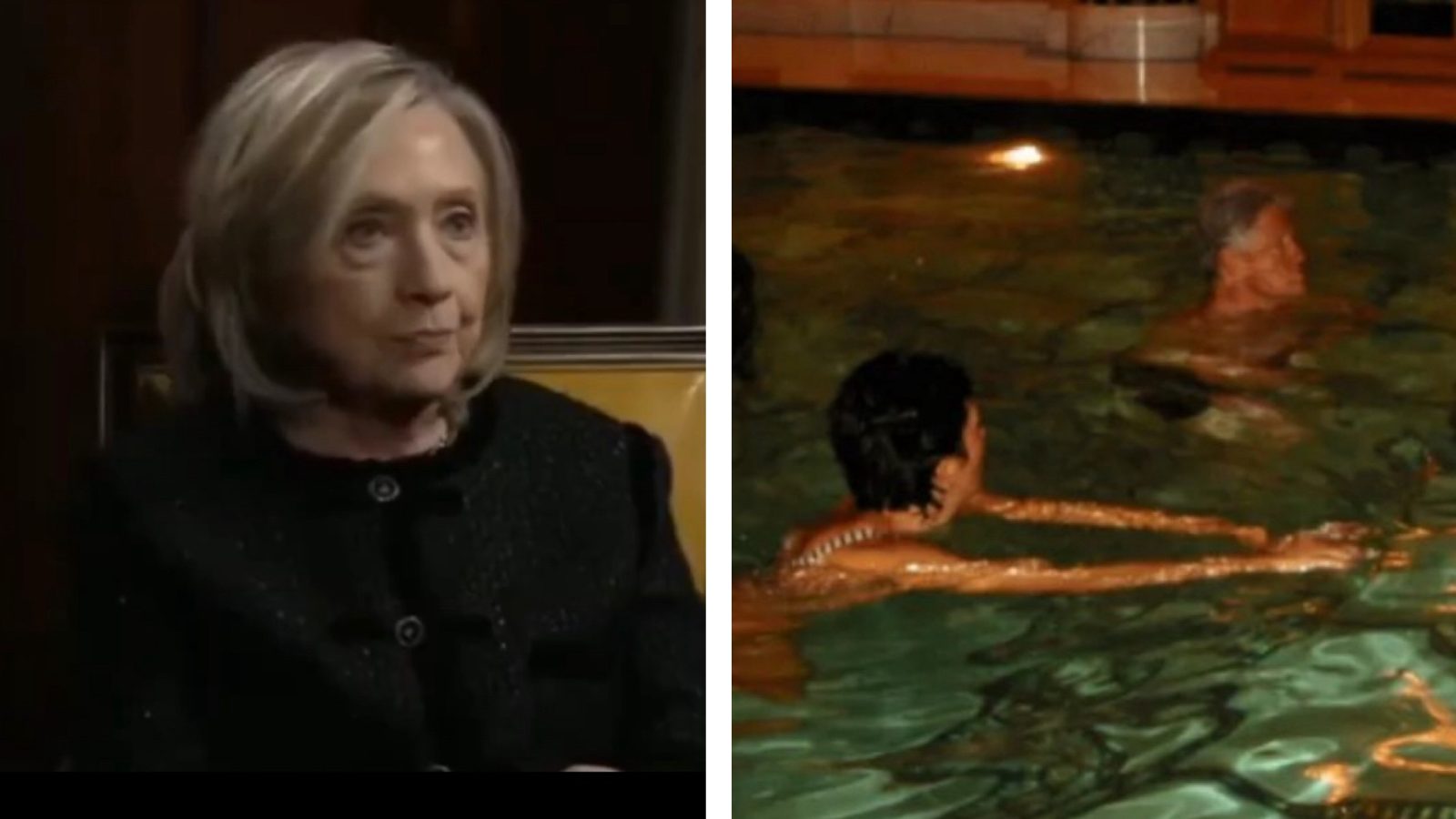 A side-by-side image featuring a woman with blonde hair seated and two individuals swimming in a pool, highlighting contrasting settings.