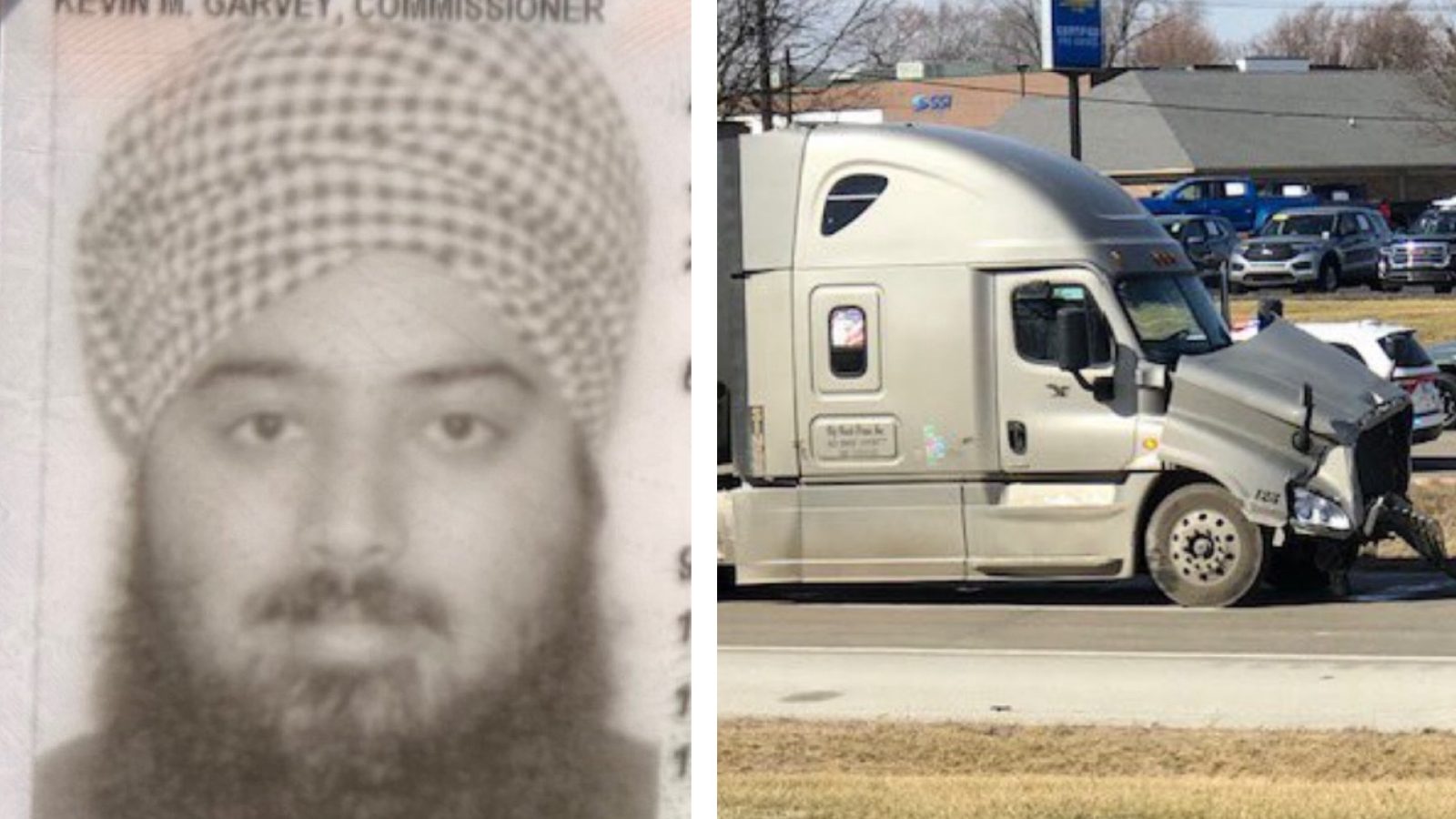 Image showing a driver's license photo of a man wearing a turban next to a silver semi-truck involved in an accident on the roadside.