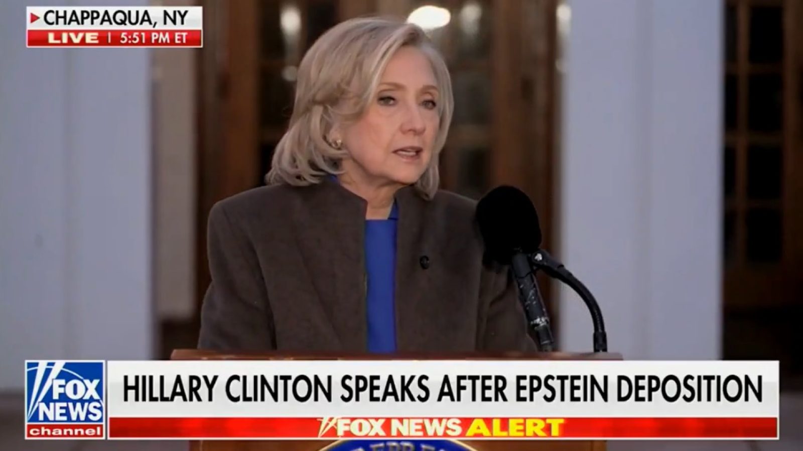Hillary Clinton delivers a statement in Chappaqua, NY, following her deposition related to Jeffrey Epstein, addressing media and public concerns.