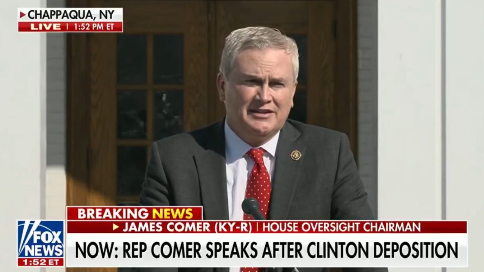 James Comer, House Oversight Chairman, speaks at a press conference in Chappaqua, NY, addressing topics related to a recent deposition involving Hillary Clinton.