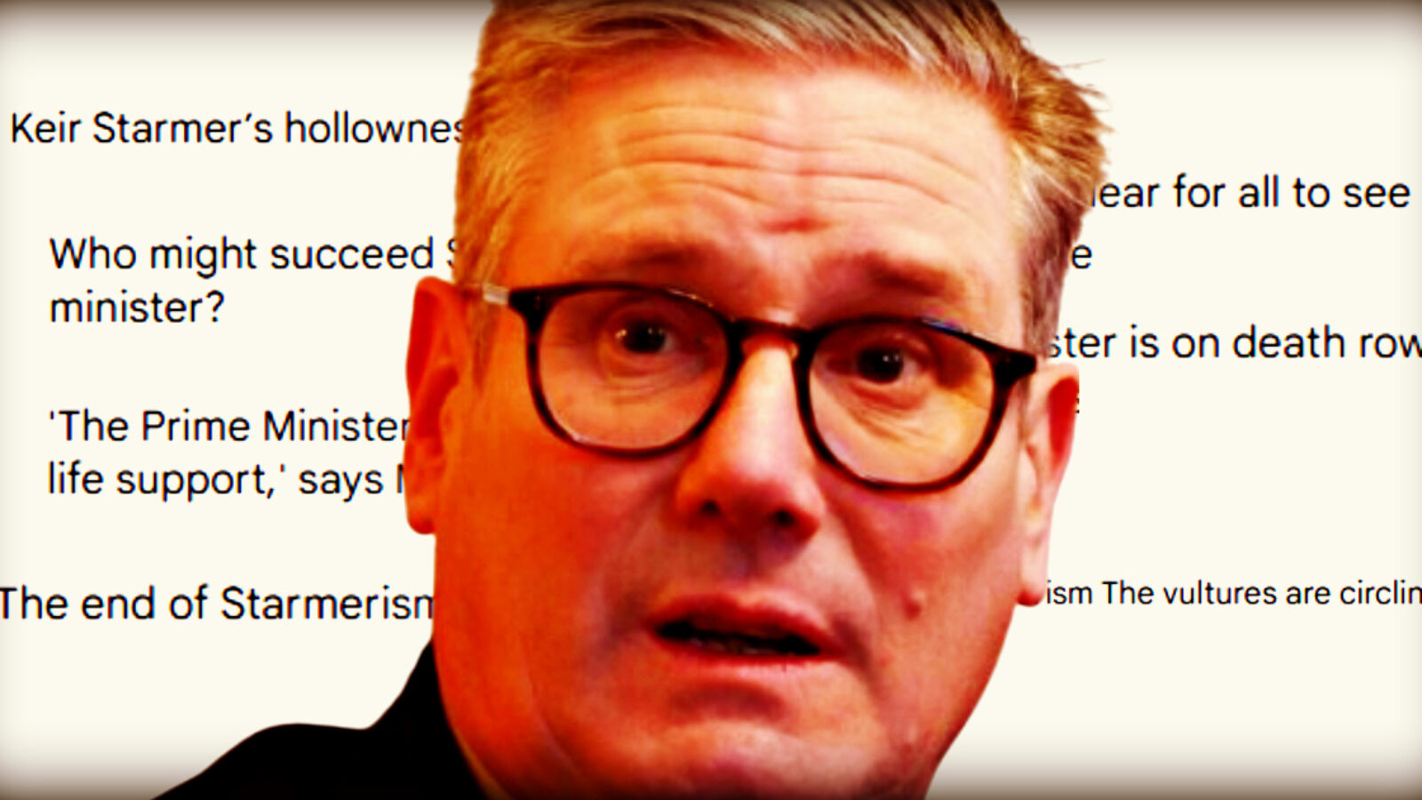 Close-up of a concerned man with glasses, highlighting political commentary about leadership and crisis within the UK government.