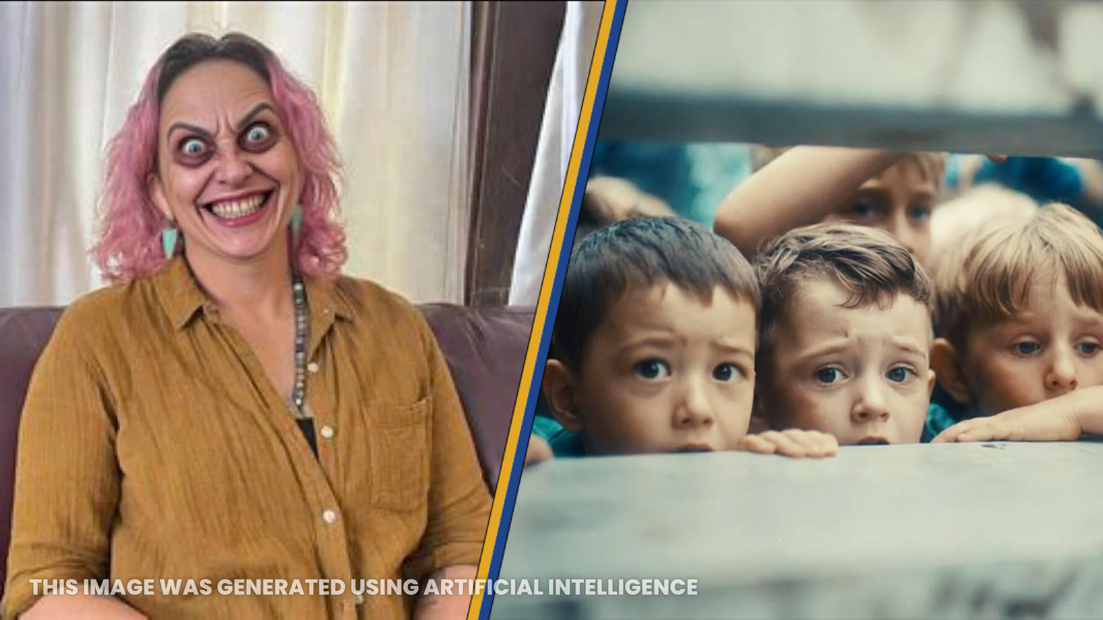 A woman with pink hair and exaggerated facial features smiles widely next to a group of curious children peering from behind a barrier.