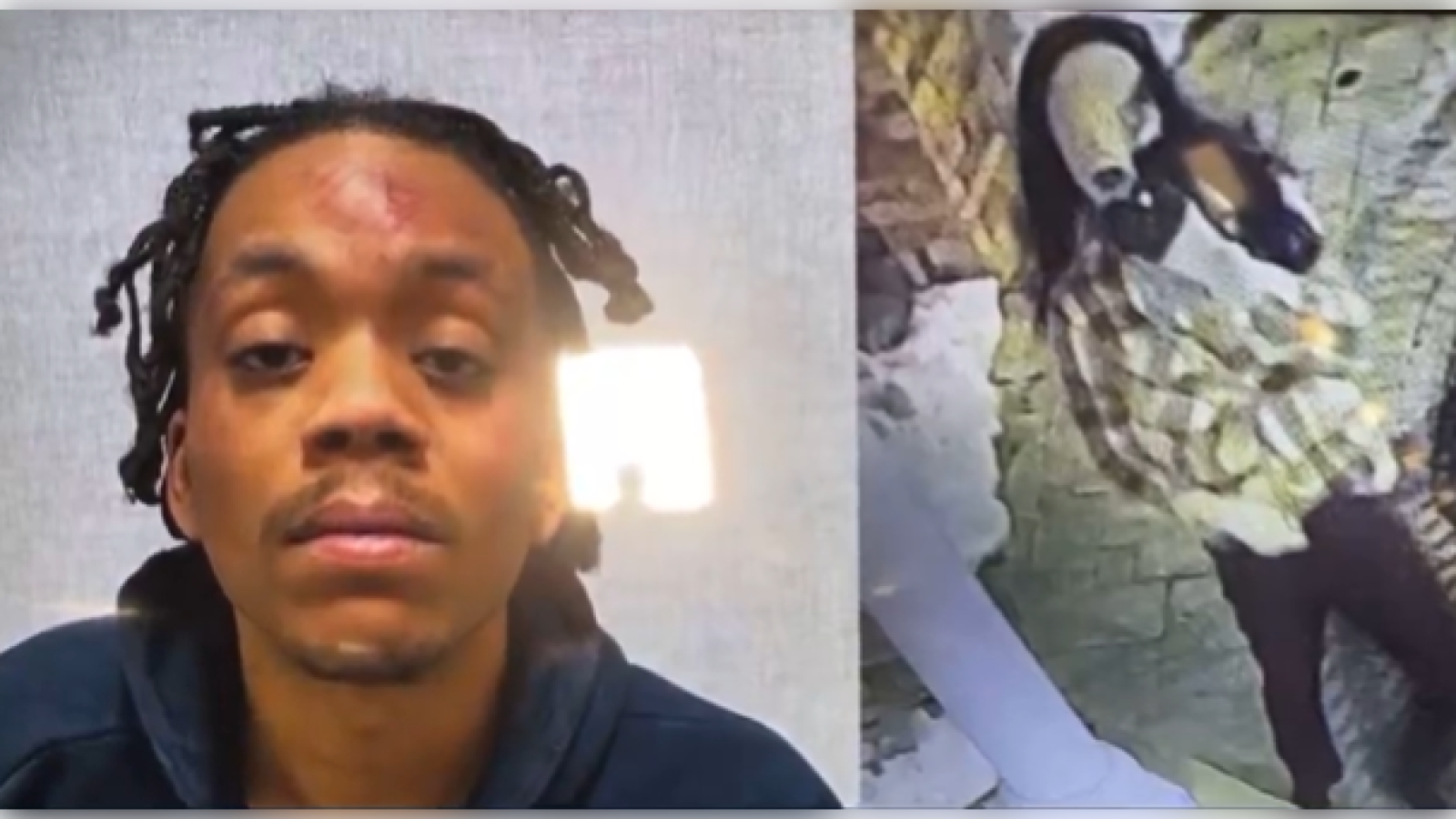 Mugshot of a male suspect on the left, with a surveillance image of a person wearing a plaid shirt and holding a firearm on the right.