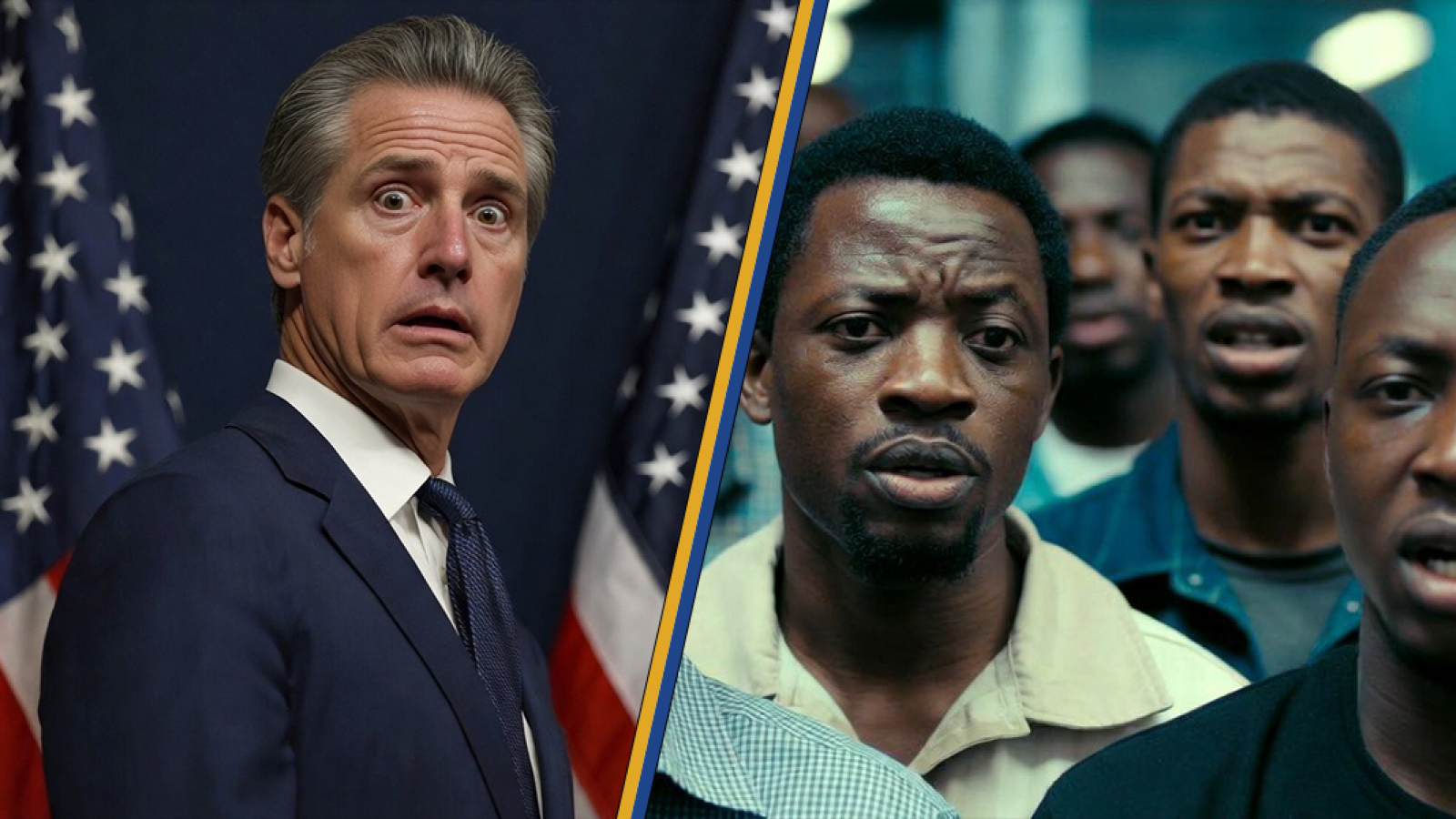 A split image featuring a surprised man in a suit alongside a group of serious individuals, reflecting contrasting emotions in a political and social context.