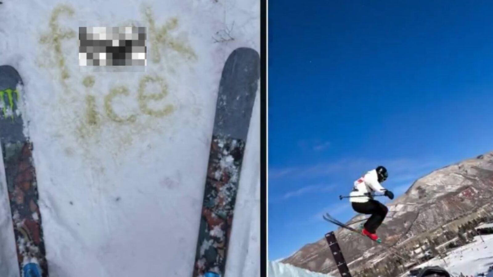 Skis on snow with a message and a skier performing a jump against a clear blue sky, showcasing winter sports excitement.