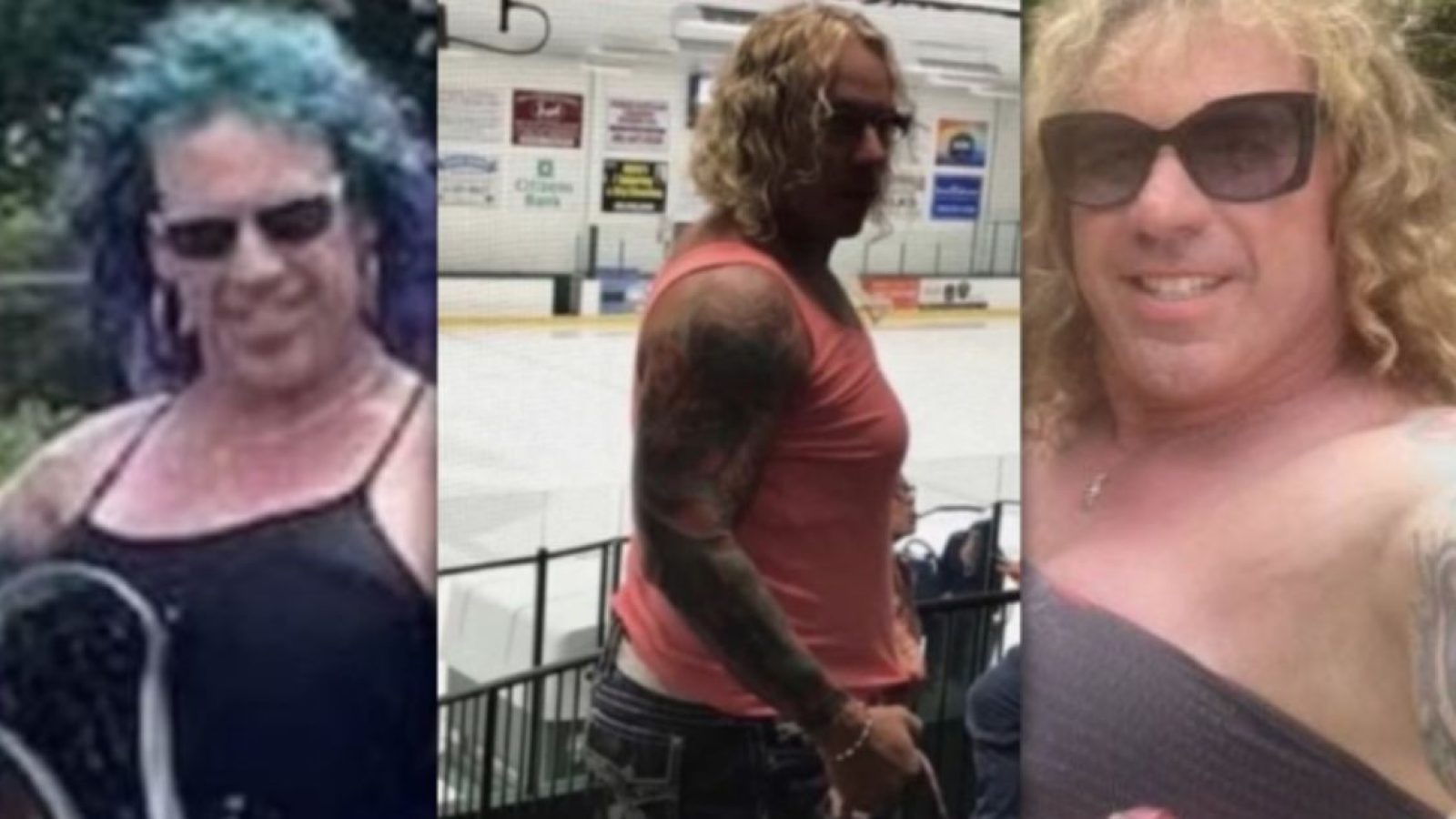 Three images of a tattooed individual with varying hairstyles and outfits, showcasing a confident and vibrant personality in casual settings.