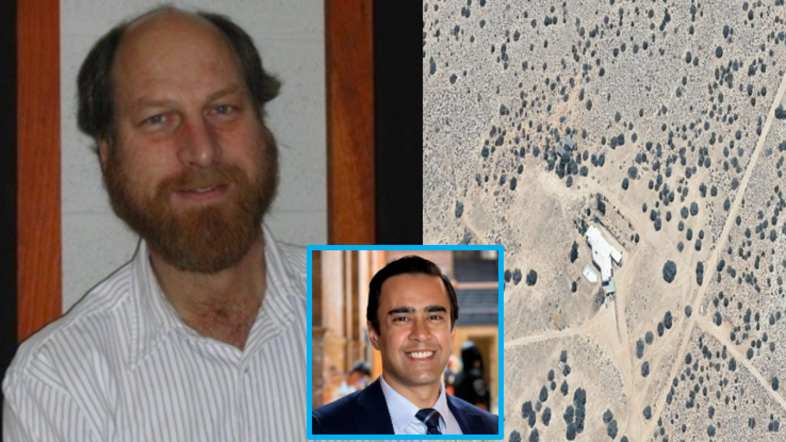 Two men, one with a beard and the other in a suit, beside an aerial view of a desert landscape with scattered structures.
