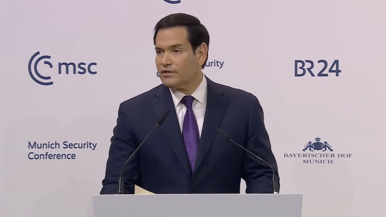 U.S. Senator Marco Rubio speaking at the Munich Security Conference, addressing global security issues with a focus on international relations and policy.