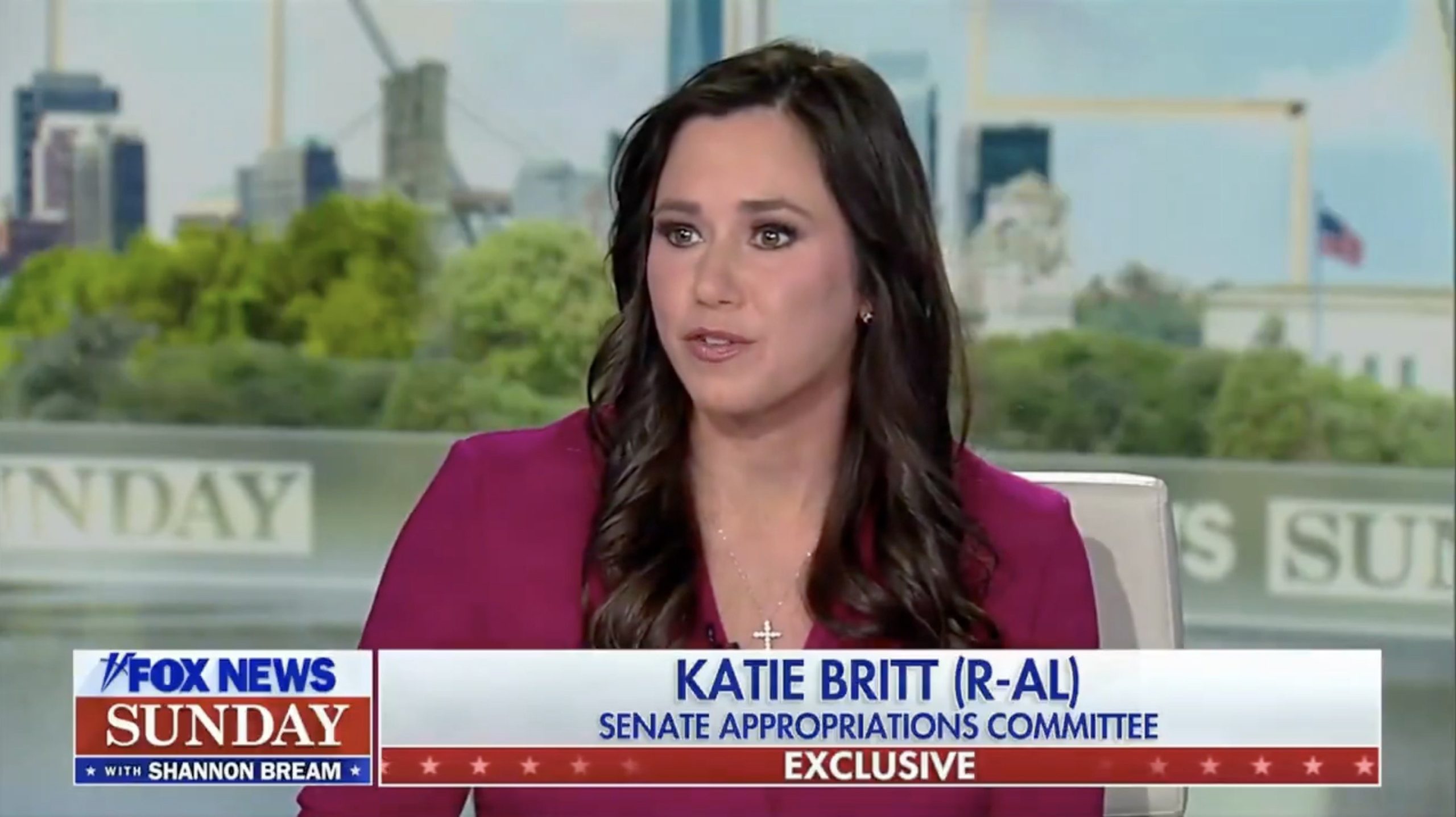 Katie Britt, a Republican Senator from Alabama, discusses key issues on Fox News Sunday with Shannon Bream, highlighting her role in the Senate Appropriations Committee.
