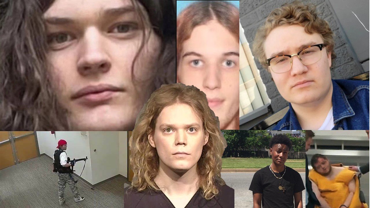 Collage of various individuals, including portraits and a scene depicting a person with a firearm in a building setting.