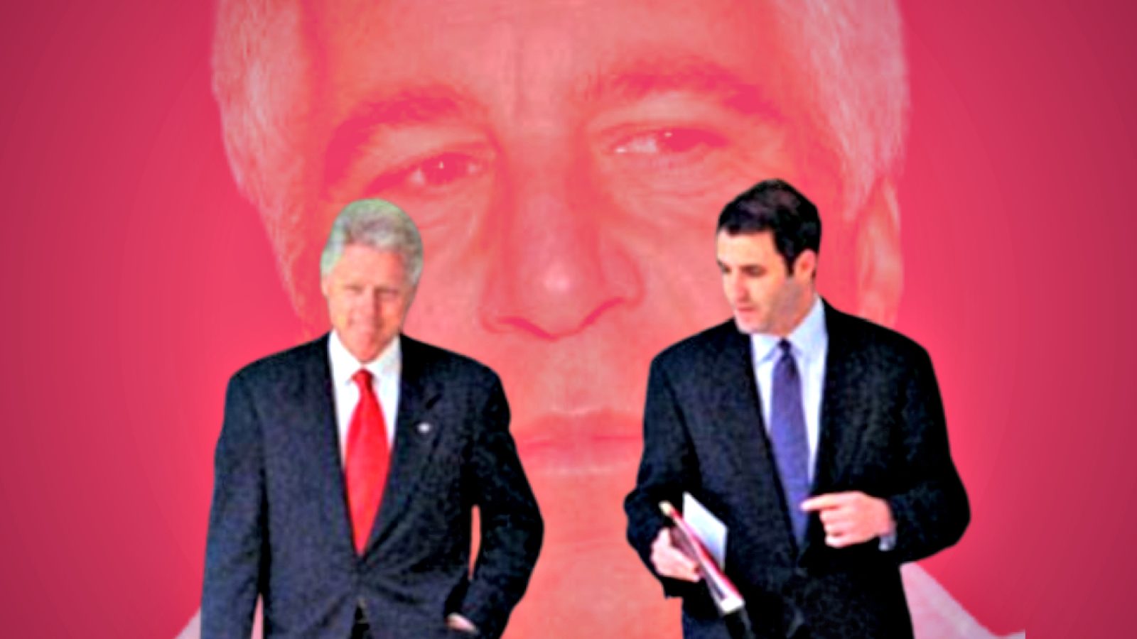 Former President Bill Clinton walks with an unidentified man, with a shadowy image of Jeffrey Epstein in the background, highlighting controversial connections.
