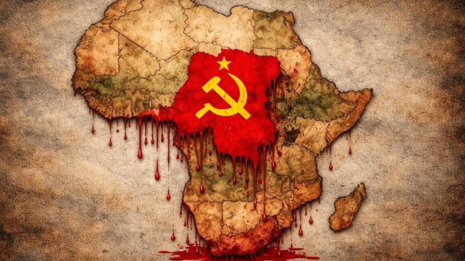 Map of Africa with a dripping red Communist symbol, symbolizing political themes and historical influences on the continent.