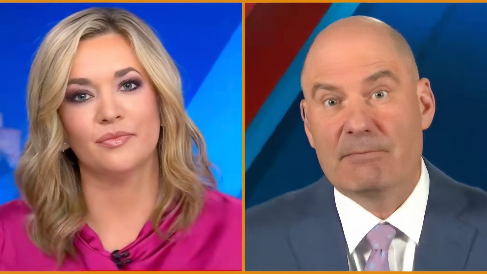 News anchors presenting a segment, featuring a woman in a pink blouse and a man in a suit, both engaged in discussion.